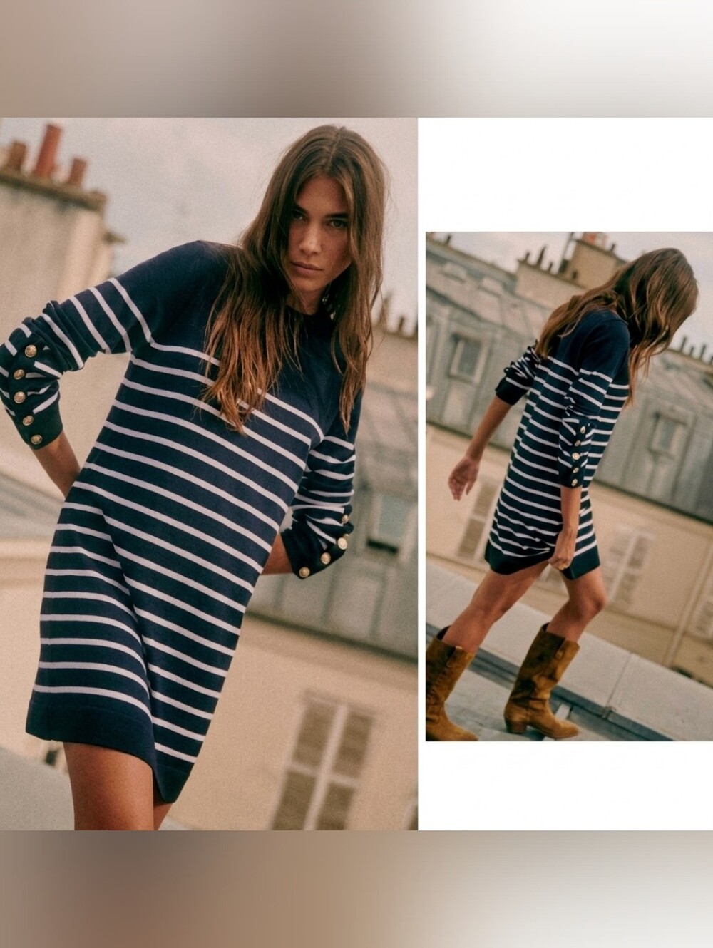 Sézane Paola Striped Merino Wool Sweater Dress Navy Ecru Size M NWT